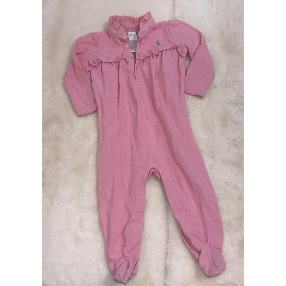 Ralph Lauren Baby Girl Pink Ruffle Collar Footed Pajama Outfit Cotton Sleeper 9M